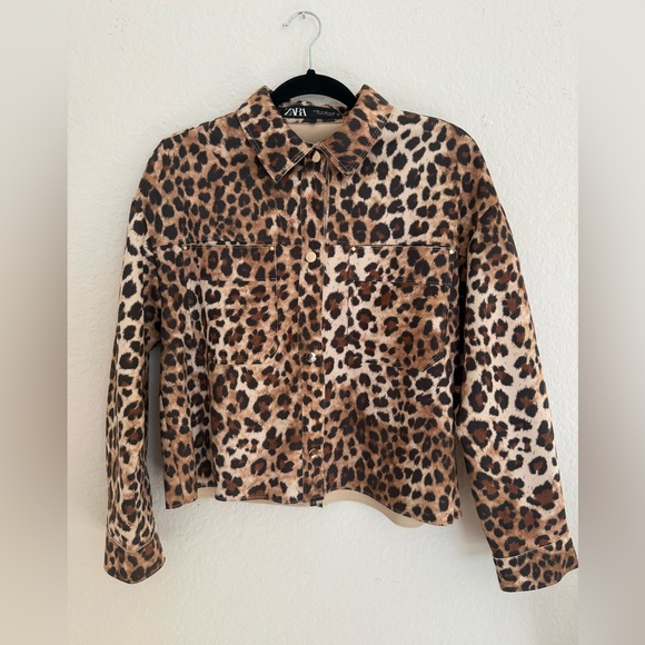 Zara Brown Leopard Print Jean Jacket - Picture 1 of 6